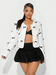 SHEIN SXY Women Short Padded Coat With Bow, White, Women Jacket, - White - View 3