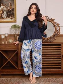 Vintage Print Knitted Lace Patchwork Long Sleeve Plus Size Pajamas Set