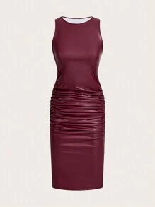 SHEIN Essnce Váy da đỏ tía Giáng sinh Váy đỏ Váy dự tiệc Giáng sinh cho nữ Váy midi không tay bó sát co giãn cao bằng da đỏ tía Váy midi không tay xếp nếp đơn giản màu trơn cho nữ - Đỏ - Xem 1