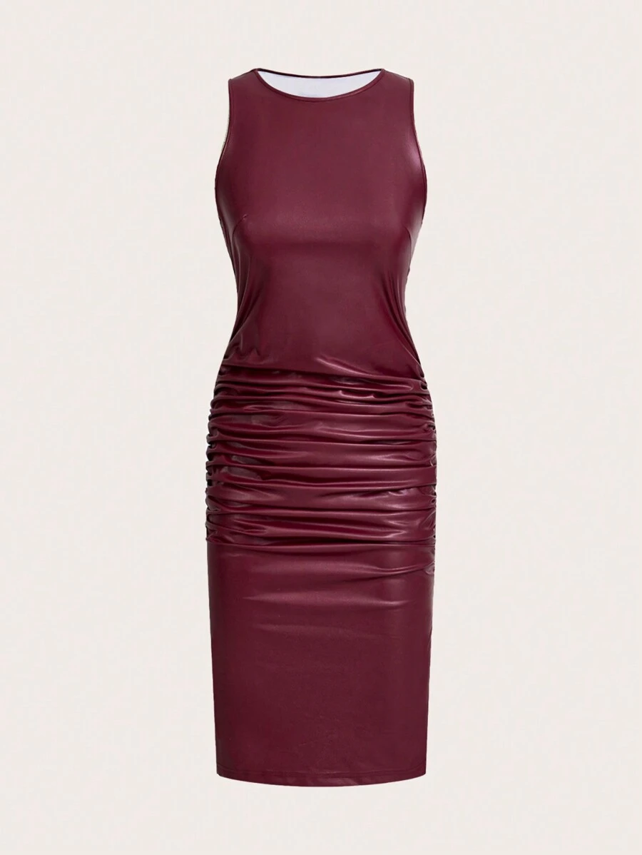 SHEIN Essnce Váy da đỏ tía Giáng sinh Váy đỏ Váy dự tiệc Giáng sinh cho nữ Váy midi không tay bó sát co giãn cao bằng da đỏ tía Váy midi không tay xếp nếp đơn giản màu trơn cho nữ - Đỏ - Xem 1