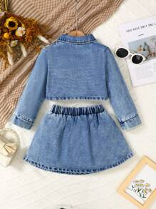 SHEIN Vintaside Kids 2pcs Young Girl Casual Collegiate Everyday Versatile Dark Blue Washed Denim Long Sleeve Top And Blue Washed Denim Pleated Skirt Set, All-Match Outfit, 2024 Autumn/Winter New Arrival - Blue - View 2