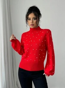 SHEIN Unity 女士时尚珍珠串珠高领落肩宽松针织套头毛衣，新年秋冬款 - 紅色 - 查看 3
