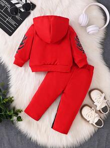 SHEIN Explorewe Bộ 2 áo khoác hoodie và quần thêu chữ cho bé trai, trang phục thường ngày dễ thương thoải mái mềm mại cho mùa thu đông, thích hợp cho hoạt động ngoài trời, mặc hàng ngày, du lịch - Đỏ - Xem 2