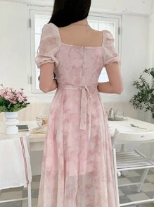 DAZY 女式碎花短袖中长款收腰连衣裙