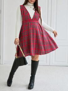 Celure Vestido de peto casual/de trabajo con cuello en V a cuadros para mujer de talla grande, para otoño/invierno