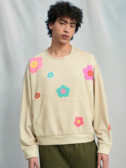 Manfinity VCAY 1pc Men Knitted Casual Loose Fit Long Sleeve Fashionable And Young Style Sweatshirt For Daily Wear, Crew Neck Colorful Graphic Long Sleeve Khaki Sweatshirt, For Friends, Husband, Boyfriend Gifts, For Fall Winter