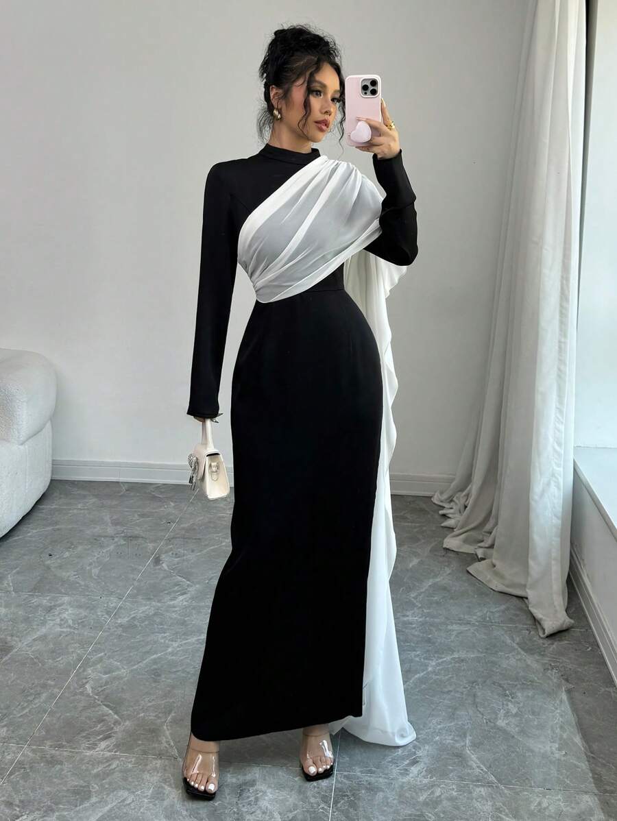 Rafferiza 女士优雅轻盈派对连衣裙，黑白拼色网眼披肩领腰部修饰鱼尾连衣裙，秋冬长款女装 - 黑色 - 查看 1