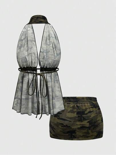 Grunge Punk Set de 2 piezas: Top sin espalda tipo halter de camuflaje y minifalda de talle bajo para mujeres