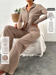 RueChic Shirt Style Buttoned Striped Dark Blue 2-Piece Pajama Set - Camel - View 5