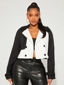 SHEIN SXY Women's Spring And Autumn Color Block Raglan Sleeve Short Trench Coat - Multicolor - View 5