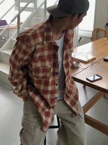 DAZY 男士街头休闲红色格子衬衫，秋季衣服长袖男士衬衫 - 紅色 - 查看 7