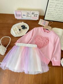 2 件装女婴可爱 3D 心形装饰运动衫 + 彩色网眼裙套装 - 粉色 - 查看 3