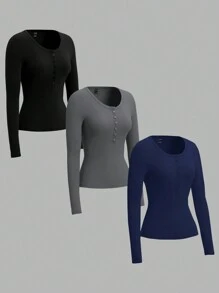 SHEIN EZwear 3pcs Plus Size Women Solid Color Knit Button Placket Long Sleeve Casual T-Shirts, Autumn/Winter - Navy Blue - View 5
