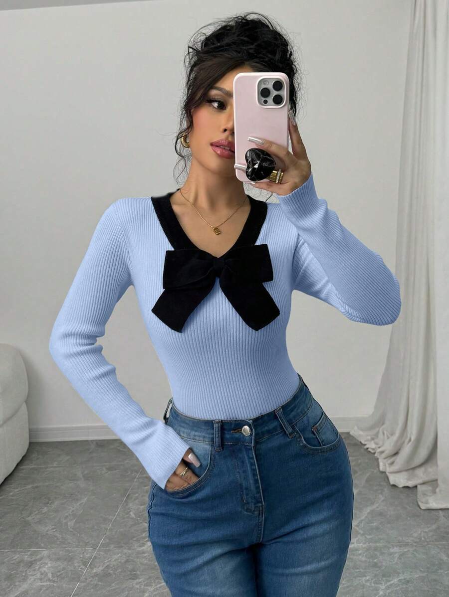 Elenzga 女士撞色拼布蝴蝶结装饰长袖休闲毛衣