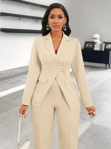 SHEIN Clasi Women Front Button Long Sleeve Minimal Top And Pants Casual Suit Set - Khaki - View 5