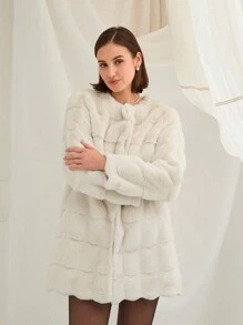 Enchnt 女士蓬松休闲夹克，简约时尚，适合日常穿着 - 杏色 - 查看 6