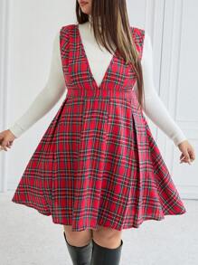 Celure Vestido de peto casual/de trabajo con cuello en V a cuadros para mujer de talla grande, para otoño/invierno