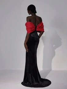 Elitara 女士优雅浪漫露肩超大蝴蝶结拼接喇叭袖黑色天鹅绒美人鱼礼服搭配戏剧性拖尾，适合派对、约会、晚会、婚礼宾客礼服 - 彩色 - 查看 3