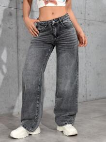 SHEIN EZwear 女式前扣口袋简约牛仔裤，休闲日常穿着 - 淺灰色 - 查看 4