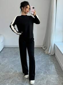 Elenzga 2pcs Women Fashion Striped Contrast Color Round Neck T-Shirt And Long Pants Set Fall Cloth For Women