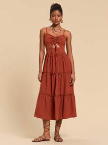Travachic Women's Ruched Drawstring Hollow Out Multi-Layer Hem Cami Dress