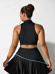 Easithlete Sutiã esportivo plus size com zíper frontal franzido e decote polo - Preto - Ver 2