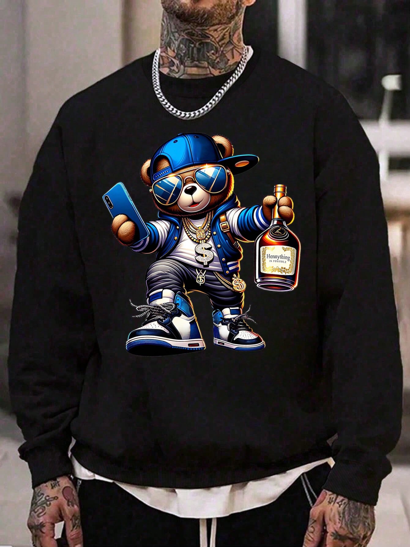 Manfinity Dauomo Men's Casual Bear Print Crew Neck Loose Fit Long Sleeve Sweatshirt