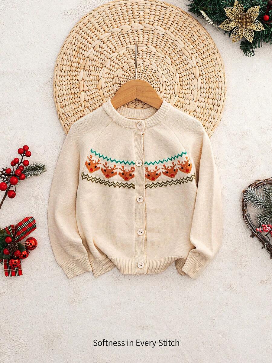 Cozy Pixies Christmas Reindeer Pattern Casual Versatile Round Neck Long Sleeve Knit Cardigan, Apricot Autumn Winter Clothes ForGirln - Apricot - View 1
