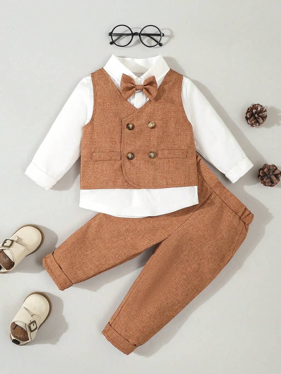 SHEIN 3pcs Baby Boys Gentleman Outfit Set: Bowknot Shirt + Double-Breasted Vest + Pants, Formal Party, Birthday, Wedding, Baptism, 1st Birthday