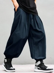 Manfinity Hypemode Men's Solid Color Drawstring Waist Pocket Pleated Loose Jogger Pants, Fall - Navy Blue - View 3