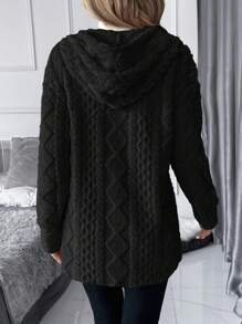 SHEIN Clasi Jaket Fleece Bertekstur Lengan Panjang Berkerudung Warna Polos untuk Wanita Musim Dingin - Hitam - View 2