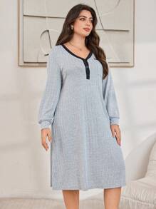 Lazeform Plus Size Women Ribbed Color Blocking Pocket Casual Nightgown Sleepwear