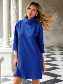 EURMUSE Ladies' Solid Color High Neck Drop Shoulder Sweater Dress - Blue - View 5