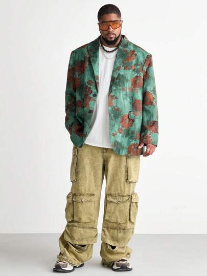 Manfinity VCAY Plus Size Men's Loose Floral Woven Long Sleeve Blazer, For Fall Winter