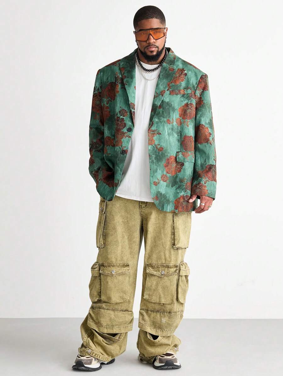 Manfinity VCAY Plus Size Men's Loose Floral Woven Long Sleeve Blazer, For Fall Winter - Multicolor - View 1
