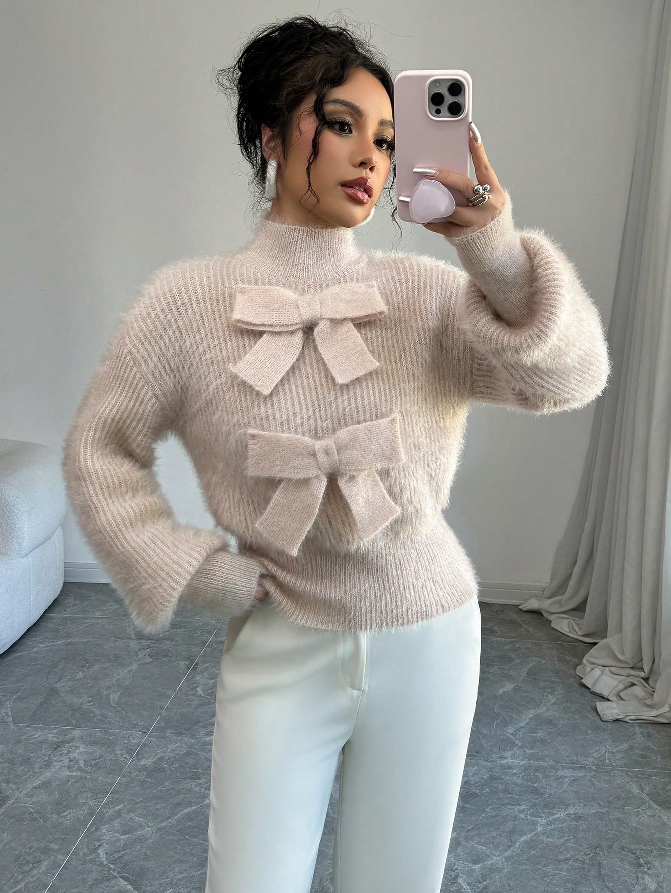 Elenzga كنزة صوفية نسائية بياقة عالية وزينة فيونكة...