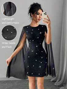 Chiquease Women Rhinestone Glitter Party Banquet Pearl Decor Round Neck Chiffon Slit Maxi Bodycon Dress With Puff Sleeves