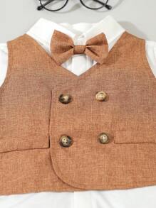 SHEIN 3pcs Baby Boys Gentleman Outfit Set: Bowknot Shirt + Double-Breasted Vest + Pants, Formal Party, Birthday, Wedding, Baptism, 1st Birthday