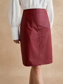 Poéselle Women Elegant Slit Design Straight Hem Skirt, Autumn - Burgundy - View 1