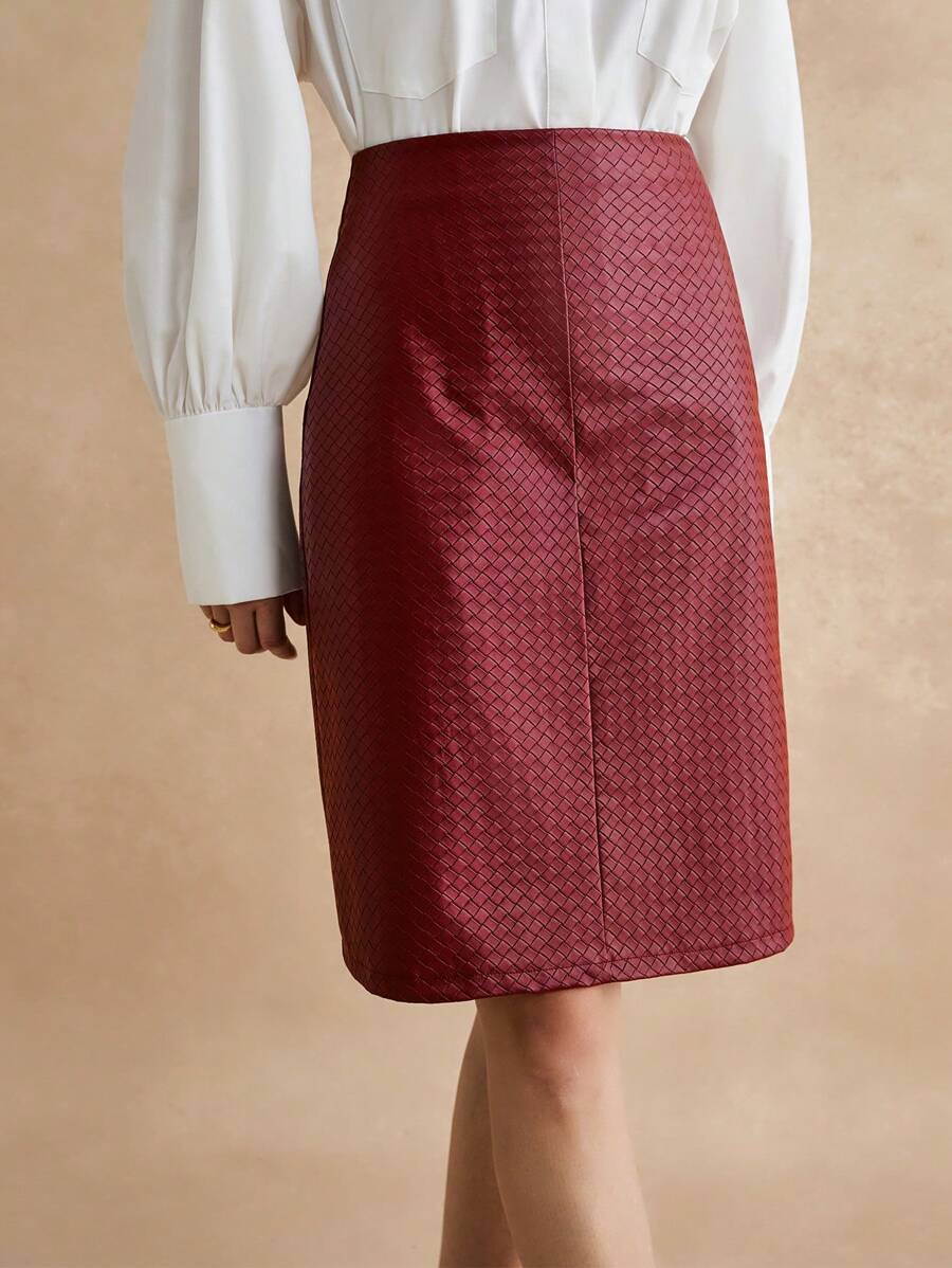 Poéselle Women Elegant Slit Design Straight Hem Skirt, Autumn - Burgundy - View 1
