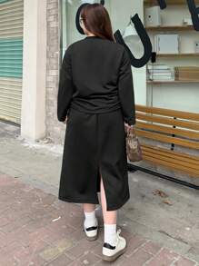 Dazy Petite Plus 2pcs/Set Bow Embroidery Round Neck Top And Skirt Casual Set, Black, Spring/Autumn,Fall Women Clothes