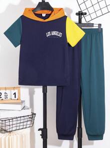 2pcs/Set Tween Boy Casual Loose Letter Print Colorblock Round Neck Short Sleeve T-Shirt And Sweatpants Outfit, Suitable For Commuting, School, Everyday Casual Wear, Sport, Spring & Summer