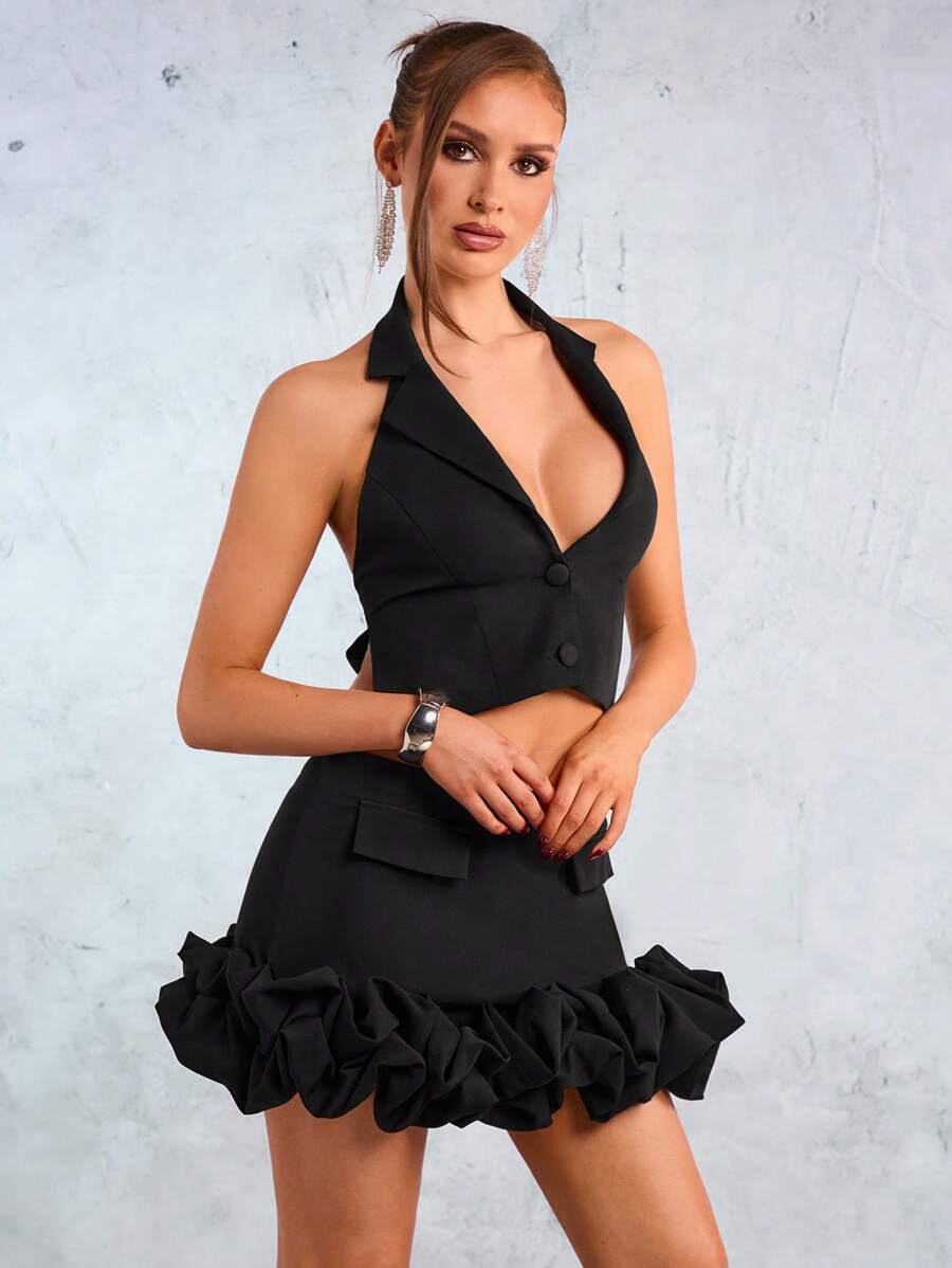 SHEIN SXY New Year Wedding Season Party Elegant Casual Sexy Nightclub Valentine's Day Date Commute Black Short Large Halter Sleeveless Blazer And Ultra Low Waist Line Pleated Puffy Skirt Two-Piece Suit Set - Black - View 1