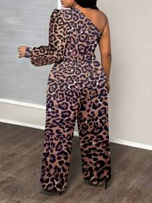 Slaydiva Mono estampado de leopardo de manga larga con parches y cintura anudada, con pierna acampanada, talla grande, adecuado para ocasiones elegantes, de fiesta, de oficina y de cita, para primavera/otoño - Marrón - Ver 3