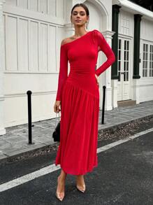Chiquease Đầm Maxi Dài Ôm Vai Bất Đối Xứng Gợi Cảm Cho Trang Phục Năm Mới Cho Phụ Nữ - Đỏ - Xem 3