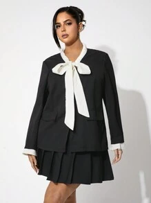 SHEIN SXY Plus Size Elegant Color Contrast Collar Tie-Up Blazer Jacket - Black - View 1
