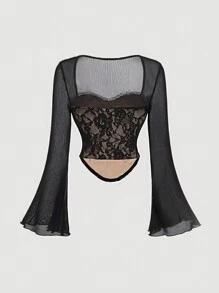 SHEIN MOD 女士甜心领长袖蕾丝拼接休闲T恤外出上衣新年除夕新年上衣