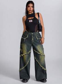 SHEIN ICON 女士大码休闲深蓝色直筒牛仔裤 - 深色水洗藍 - 查看 3