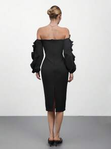 CLARA VERO Women Mid-Length Ruched Ruffle Romantic Elegant Ruffle Trim Waist Dress - Black - View 2