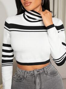 SHEIN SXY Fall Women Clothes;Crop Tops;Autumn And Winter Clothing Casual Black And White Striped High Collar Long Sleeve Ladies Sweater - Black and White - View 6
